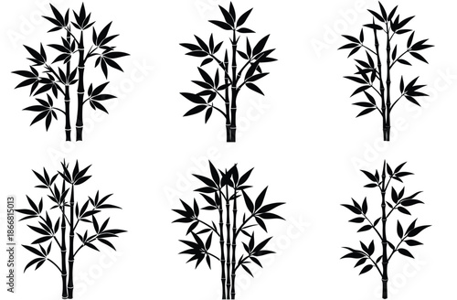 Black palm tree silhouettes vector icon set. Tropical island summer vacation design element. Exotic beach coconut tree logo concept. Nature illustration isolated on white background.