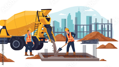 Construction workers pouring concrete foundation at building site, flat vector illustration showing teamwork, materials, safety gear, and professional construction process for infrastructure