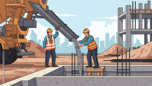 Construction workers pouring concrete foundation at building site, flat vector illustration showing teamwork, materials, safety gear, and professional construction process for infrastructure