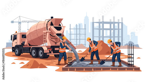 Construction workers pouring concrete foundation at building site, flat vector illustration showing teamwork, materials, safety gear, and professional construction process for infrastructure