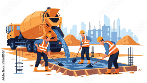 Construction workers pouring concrete foundation at building site, flat vector illustration showing teamwork, materials, safety gear, and professional construction process for infrastructure
