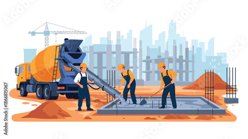 Construction workers pouring concrete foundation at building site, flat vector illustration showing teamwork, materials, safety gear, and professional construction process for infrastructure