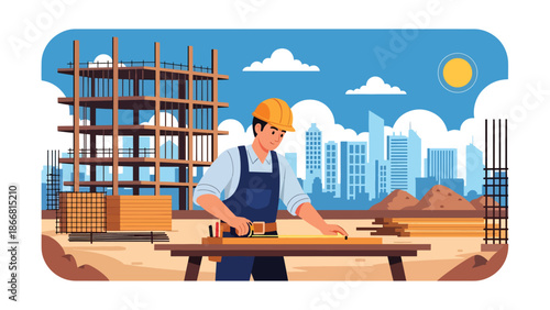 Construction worker measuring wood at job site, flat vector illustration highlighting precision, craftsmanship, safety gear, and professional building construction activities