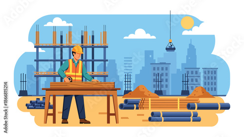 Construction worker measuring wood at job site, flat vector illustration highlighting precision, craftsmanship, safety gear, and professional building construction activities