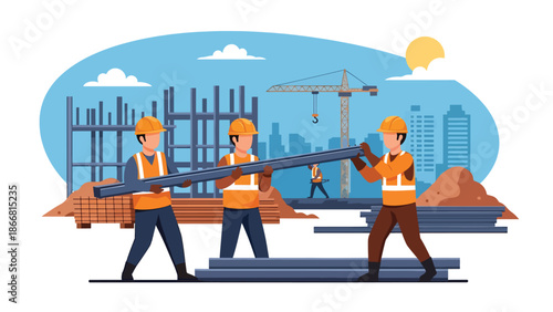 Construction workers assembling steel beams at high-rise site, flat vector illustration showing teamwork, safety equipment, cranes, and modern structural construction industry operations
