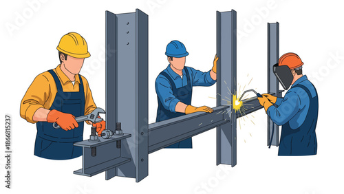 Construction workers assembling steel beams at high-rise site, flat vector illustration showing teamwork, safety equipment, cranes, and modern structural construction industry operations