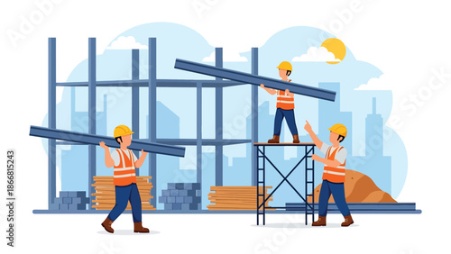 Construction workers assembling steel beams at high-rise site, flat vector illustration showing teamwork, safety equipment, cranes, and modern structural construction industry operations