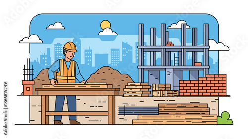 Construction worker measuring wood at job site, flat vector illustration highlighting precision, craftsmanship, safety gear, and professional building construction activities