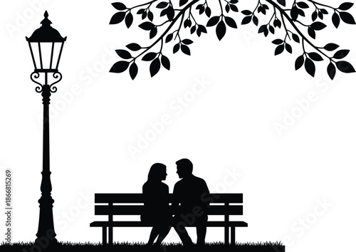 Romantic couple sitting on park bench under street lamp silhouette, with tree branches love evening minimalist illustration black white vector