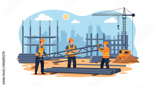 Construction workers assembling steel beams at high-rise site, flat vector illustration showing teamwork, safety equipment, cranes, and modern structural construction industry operations