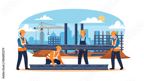 Construction workers assembling steel beams at high-rise site, flat vector illustration showing teamwork, safety equipment, cranes, and modern structural construction industry operations