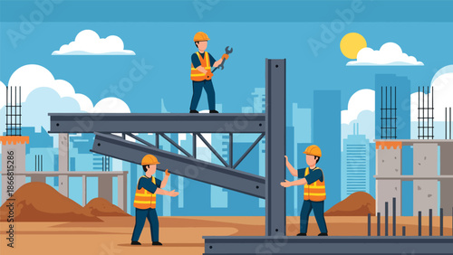Construction workers assembling steel beams at high-rise site, flat vector illustration showing teamwork, safety equipment, cranes, and modern structural construction industry operations