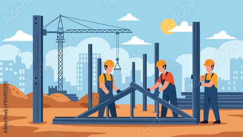 Construction workers assembling steel beams at high-rise site, flat vector illustration showing teamwork, safety equipment, cranes, and modern structural construction industry operations
