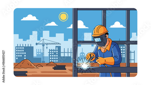 Construction worker welding metal at industrial job site, flat vector illustration emphasizing skilled labor, safety gear, construction craftsmanship, and professional industry environment