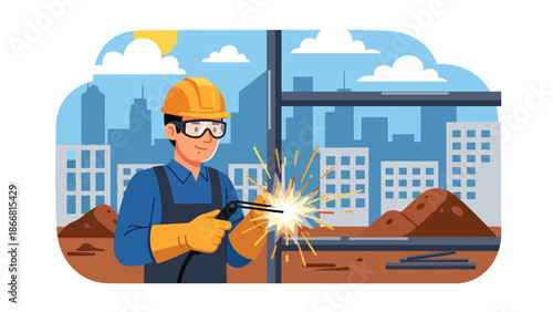 Construction worker welding metal at industrial job site, flat vector illustration emphasizing skilled labor, safety gear, construction craftsmanship, and professional industry environment