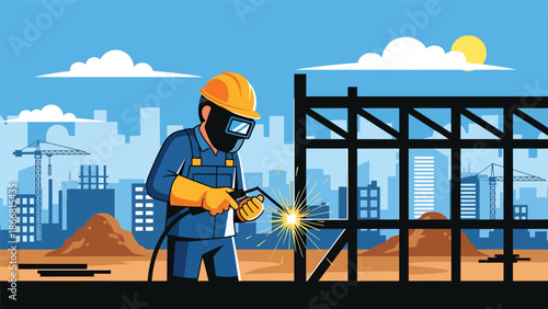 Construction worker welding metal at industrial job site, flat vector illustration emphasizing skilled labor, safety gear, construction craftsmanship, and professional industry environment