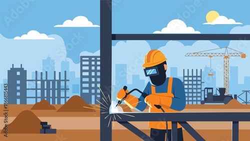 Construction worker welding metal at industrial job site, flat vector illustration emphasizing skilled labor, safety gear, construction craftsmanship, and professional industry environment