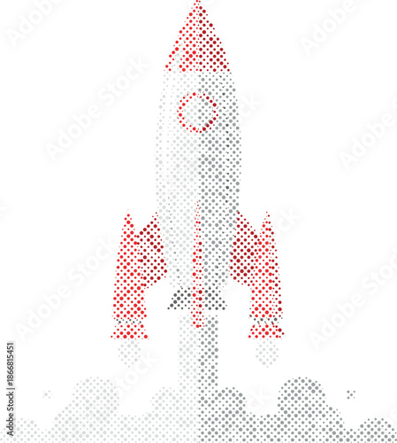 Digital rocket launch illustration with halftone dot pattern showing a dynamic startup concept isolated on transparent background, Vector