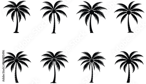 Black palm tree silhouettes vector icon set. Tropical island summer vacation design element. Exotic beach coconut tree logo concept. Nature illustration isolated on white background.