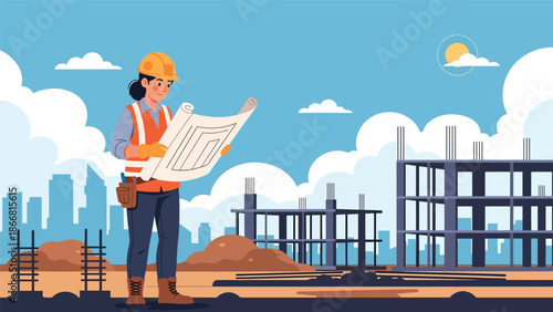 Construction worker reviewing blueprints at job site, flat vector illustration highlighting planning, engineering, safety gear, and professional construction project management