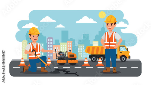 Road construction workers repairing asphalt street, flat vector illustration showing infrastructure maintenance, safety equipment, teamwork, and professional public works construction