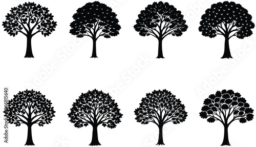 Black palm tree silhouettes vector icon set. Tropical island summer vacation design element. Exotic beach coconut tree logo concept. Nature illustration isolated on white background.