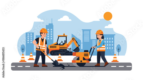 Road construction workers repairing asphalt street, flat vector illustration showing infrastructure maintenance, safety equipment, teamwork, and professional public works construction