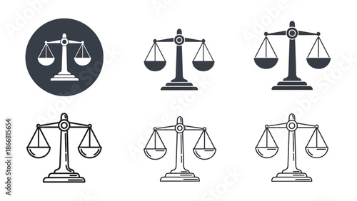 Set of six scales of justice - SVG and PNG icons - Vector Icons and Stickers - PNG, SVG, EPS - Glyph and solid icon set - Icon vector - Flat Design Icon - line icon set