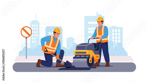 Road construction workers repairing asphalt street, flat vector illustration showing infrastructure maintenance, safety equipment, teamwork, and professional public works construction