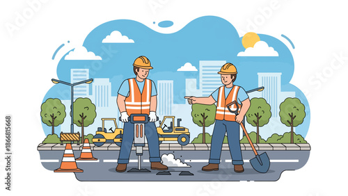 Road construction workers repairing asphalt street, flat vector illustration showing infrastructure maintenance, safety equipment, teamwork, and professional public works construction