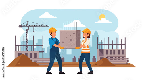 Construction workers lifting heavy materials together at an active job site, flat vector illustration emphasizing teamwork, safety equipment, strength, and professional construction labor