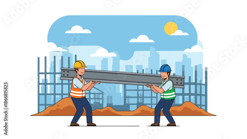 Construction workers lifting heavy materials together at an active job site, flat vector illustration emphasizing teamwork, safety equipment, strength, and professional construction labor