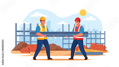 Construction workers lifting heavy materials together at an active job site, flat vector illustration emphasizing teamwork, safety equipment, strength, and professional construction labor