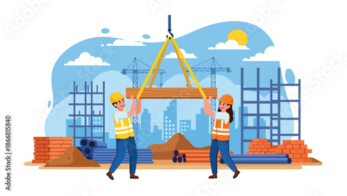 Construction workers lifting heavy materials together at an active job site, flat vector illustration emphasizing teamwork, safety equipment, strength, and professional construction labor
