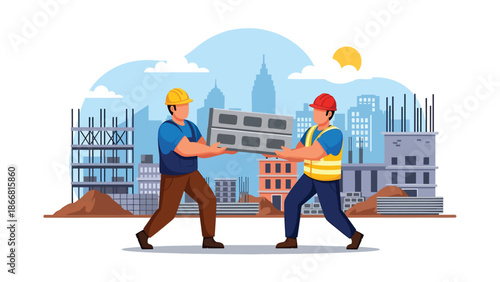 Construction workers lifting heavy materials together at an active job site, flat vector illustration emphasizing teamwork, safety equipment, strength, and professional construction labor