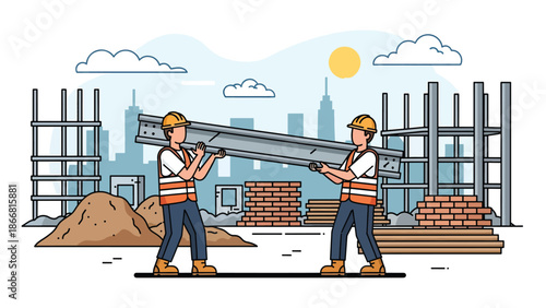 Construction workers lifting heavy materials together at an active job site, flat vector illustration emphasizing teamwork, safety equipment, strength, and professional construction labor