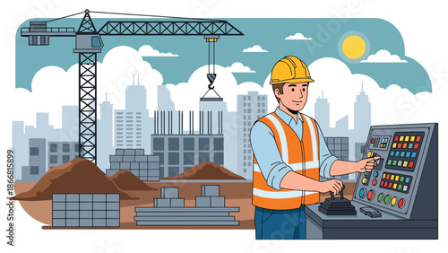 Construction worker operating crane controls at building site, flat vector illustration showing technical skill, safety standards, heavy equipment, and professional construction operations