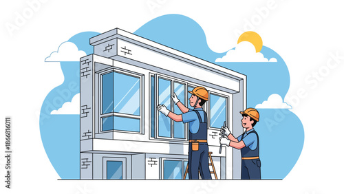 Construction workers installing windows on modern building façade, flat vector illustration highlighting precision, safety gear, teamwork, and professional finishing construction work