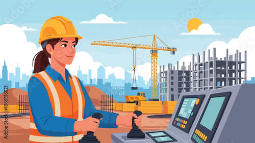 Construction worker operating crane controls at building site, flat vector illustration showing technical skill, safety standards, heavy equipment, and professional construction operations