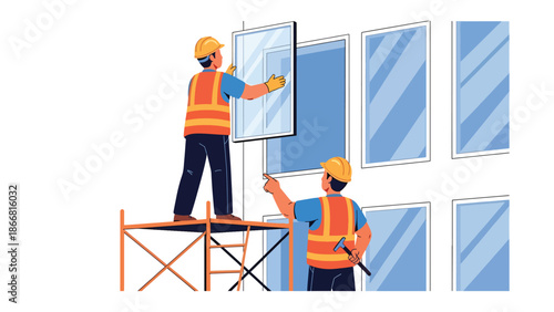 Construction workers installing windows on modern building façade, flat vector illustration highlighting precision, safety gear, teamwork, and professional finishing construction work