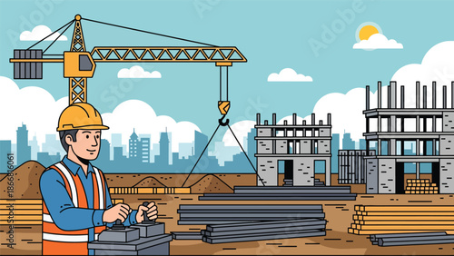Construction worker operating crane controls at building site, flat vector illustration showing technical skill, safety standards, heavy equipment, and professional construction operations