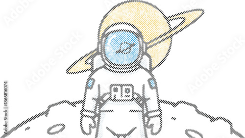 An adorable astronaut stands on a distant planet with the iconic ringed planet saturn in the background isolated on transparent background, Vector