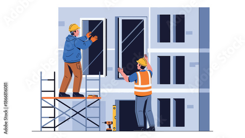 Construction workers installing windows on modern building façade, flat vector illustration highlighting precision, safety gear, teamwork, and professional finishing construction work