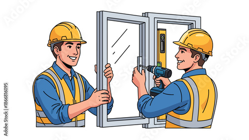 Construction workers installing windows on modern building façade, flat vector illustration highlighting precision, safety gear, teamwork, and professional finishing construction work