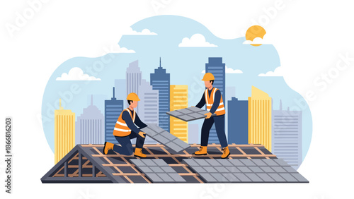 Construction workers installing roof panels on residential building, flat vector illustration showing teamwork, safety gear, height work, and professional construction skills