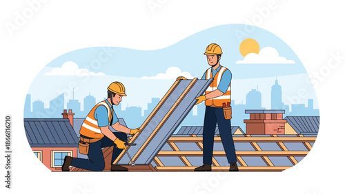 Construction workers installing roof panels on residential building, flat vector illustration showing teamwork, safety gear, height work, and professional construction skills
