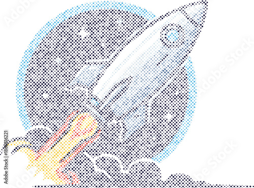 A vibrant dot art illustration of a rocket soaring into space with fiery exhaust isolated on transparent background, Vector