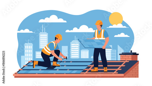 Construction workers installing roof panels on residential building, flat vector illustration showing teamwork, safety gear, height work, and professional construction skills