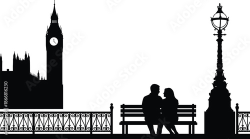 Romantic, couple, sitting, on, bench, near, Big, Ben, London, silhouette, cityscape, evening, love, travel, landmark, lifestyle, illustration, black, white, vector