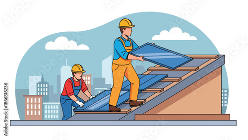 Construction workers installing roof panels on residential building, flat vector illustration showing teamwork, safety gear, height work, and professional construction skills